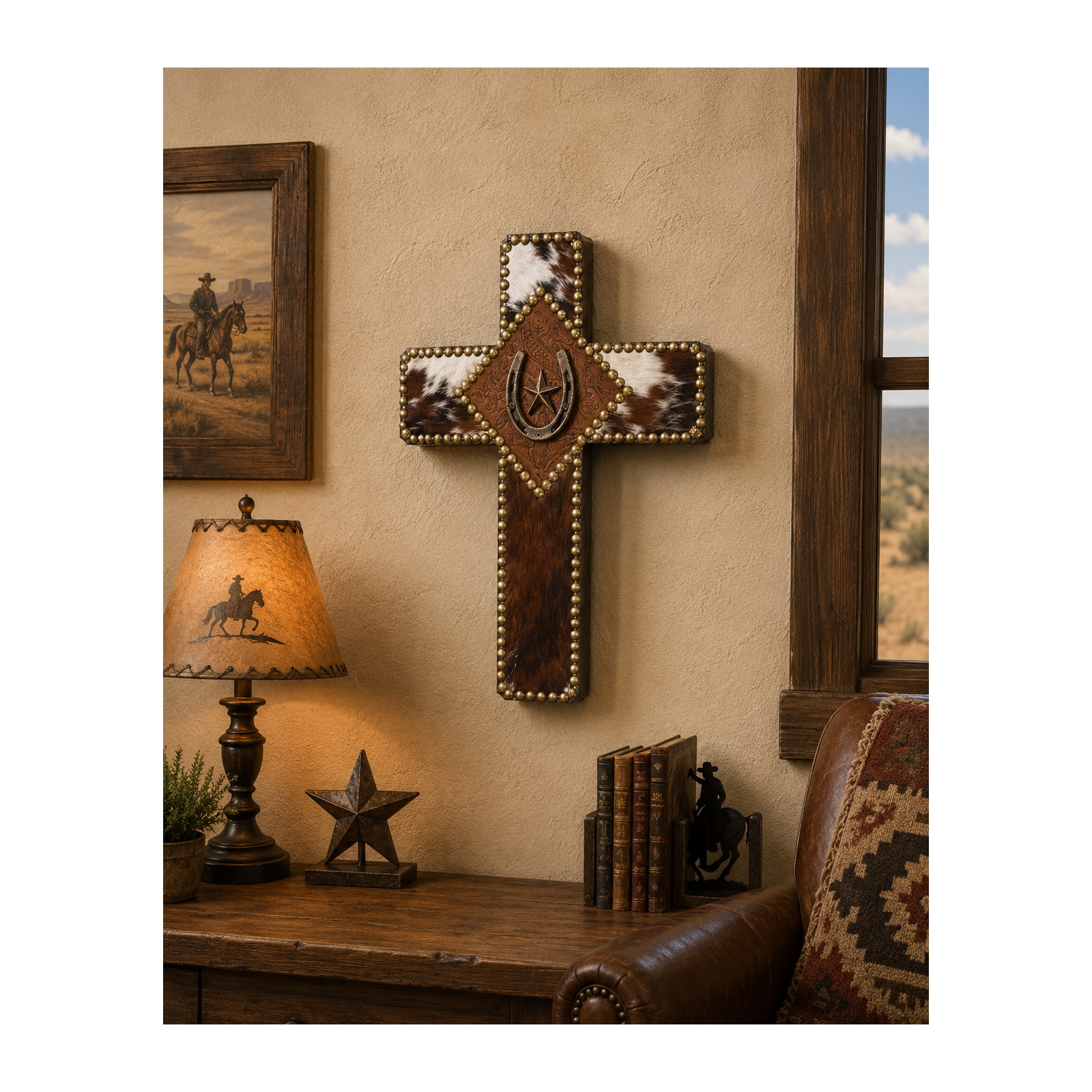 Western Cowhide Barnwood Cross with Horseshoe